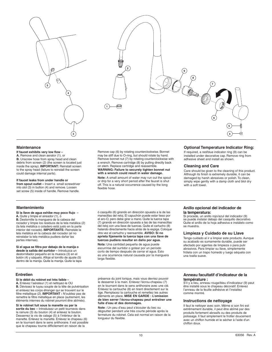 Maintenance mantenimiento, Entretien, Optional temperature indicator ring | Cleaning and care, Anneau facultatif d’indicateur de la température, Instructions de nettoyage, Anillo opcional del indicador de la temperatura, Limpieza y cuidado de su llave | Factory Direct Hardware Brizo 63970LF Venuto User Manual | Page 10 / 12