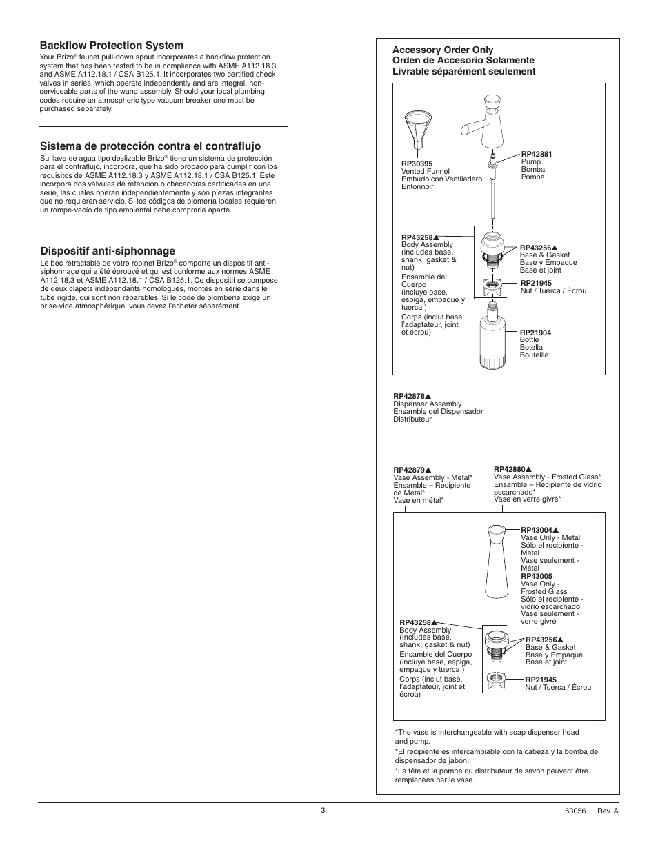 Backflow protection system, Sistema de protección contra el contraflujo, Dispositif anti-siphonnage | Factory Direct Hardware Brizo 63970LF Venuto User Manual | Page 3 / 12