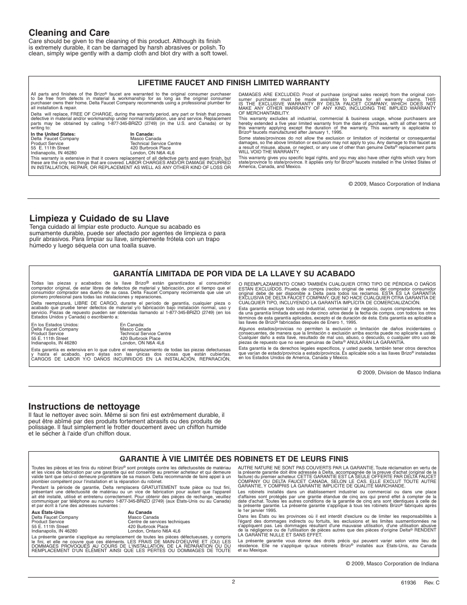 Cleaning and care, Instructions de nettoyage, Limpieza y cuidado de su llave | Lifetime faucet and finish limited warranty | Factory Direct Hardware Brizo 62972LF Loki User Manual | Page 2 / 8
