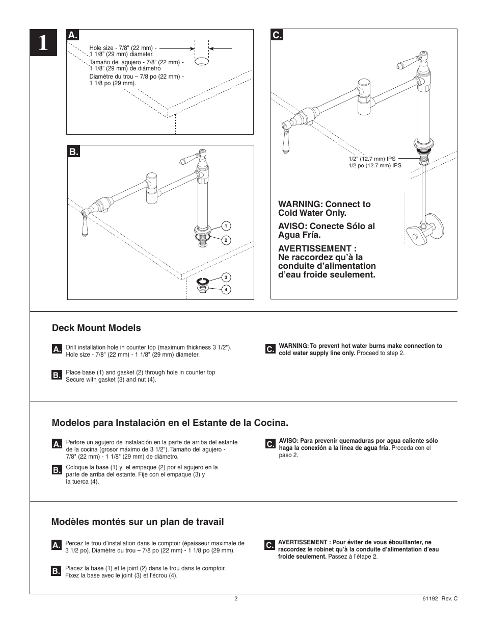 B. a. c, Deck mount models, Modèles montés sur un plan de travail | Factory Direct Hardware Brizo 62710LF Pot User Manual | Page 2 / 8