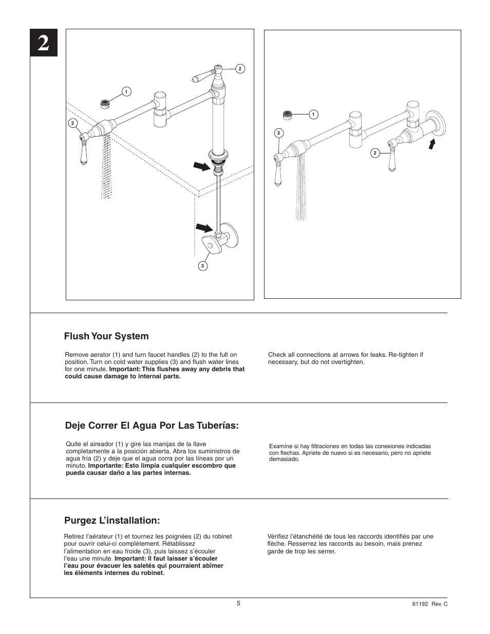 Flush your system, Deje correr el agua por las tuberías, Purgez l’installation | Factory Direct Hardware Brizo 62710LF Pot User Manual | Page 5 / 8