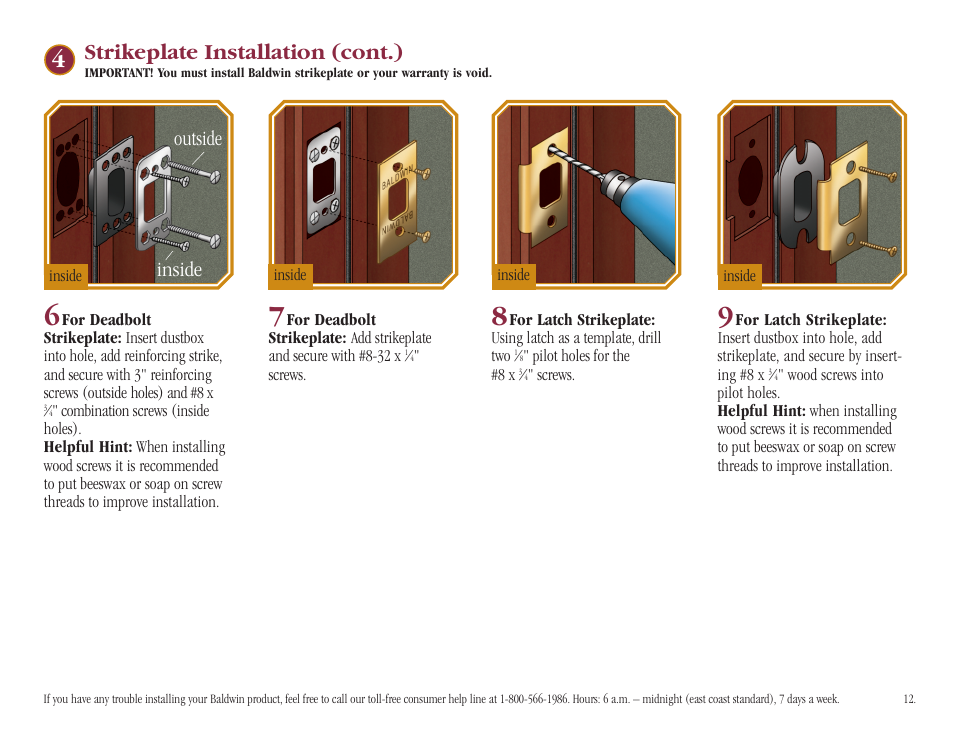 Strikeplate installation (cont.), Inside outside | Baldwin Stonegate Handleset User Manual | Page 12 / 13