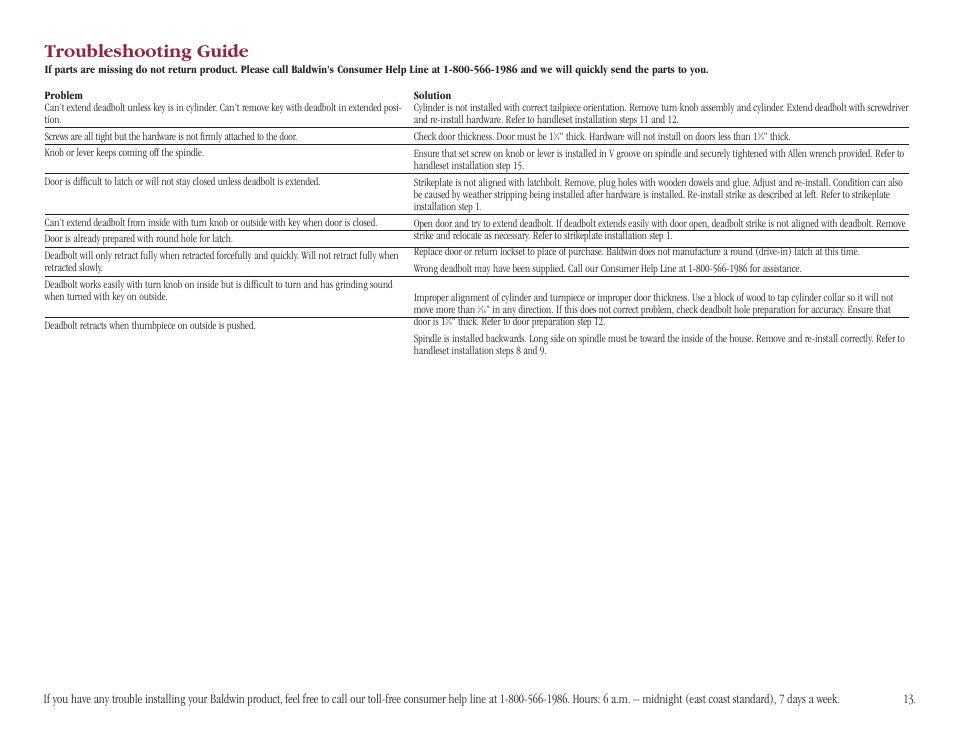 Troubleshooting guide | Baldwin Stonegate Handleset User Manual | Page 13 / 13