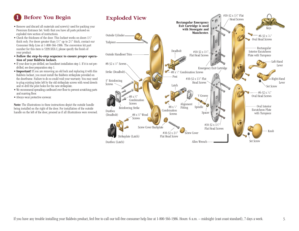 Before you begin, Exploded view | Baldwin Stonegate Handleset User Manual | Page 3 / 13