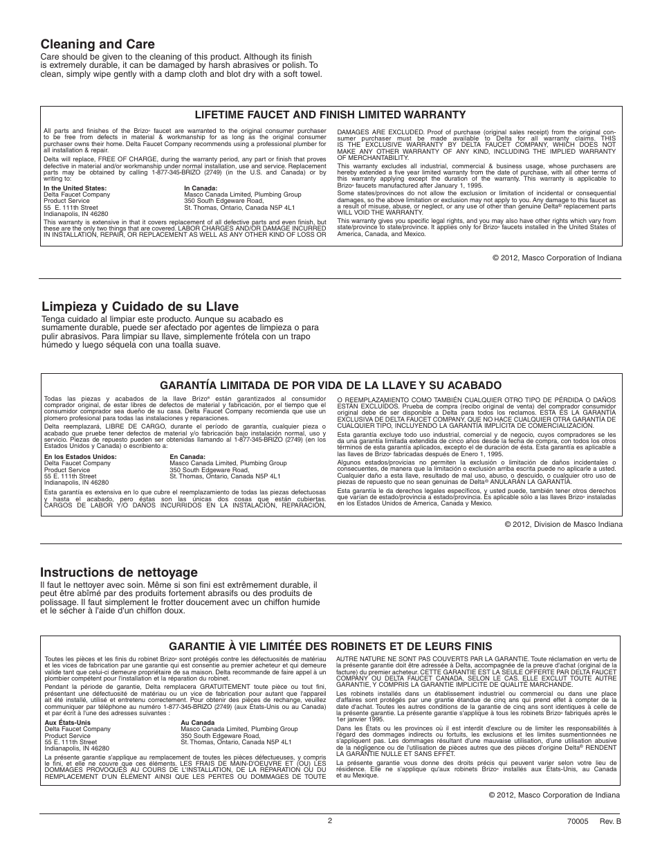 Cleaning and care, Instructions de nettoyage, Limpieza y cuidado de su llave | Lifetime faucet and finish limited warranty | Factory Direct Hardware Brizo 61055LF Vuelo User Manual | Page 2 / 12