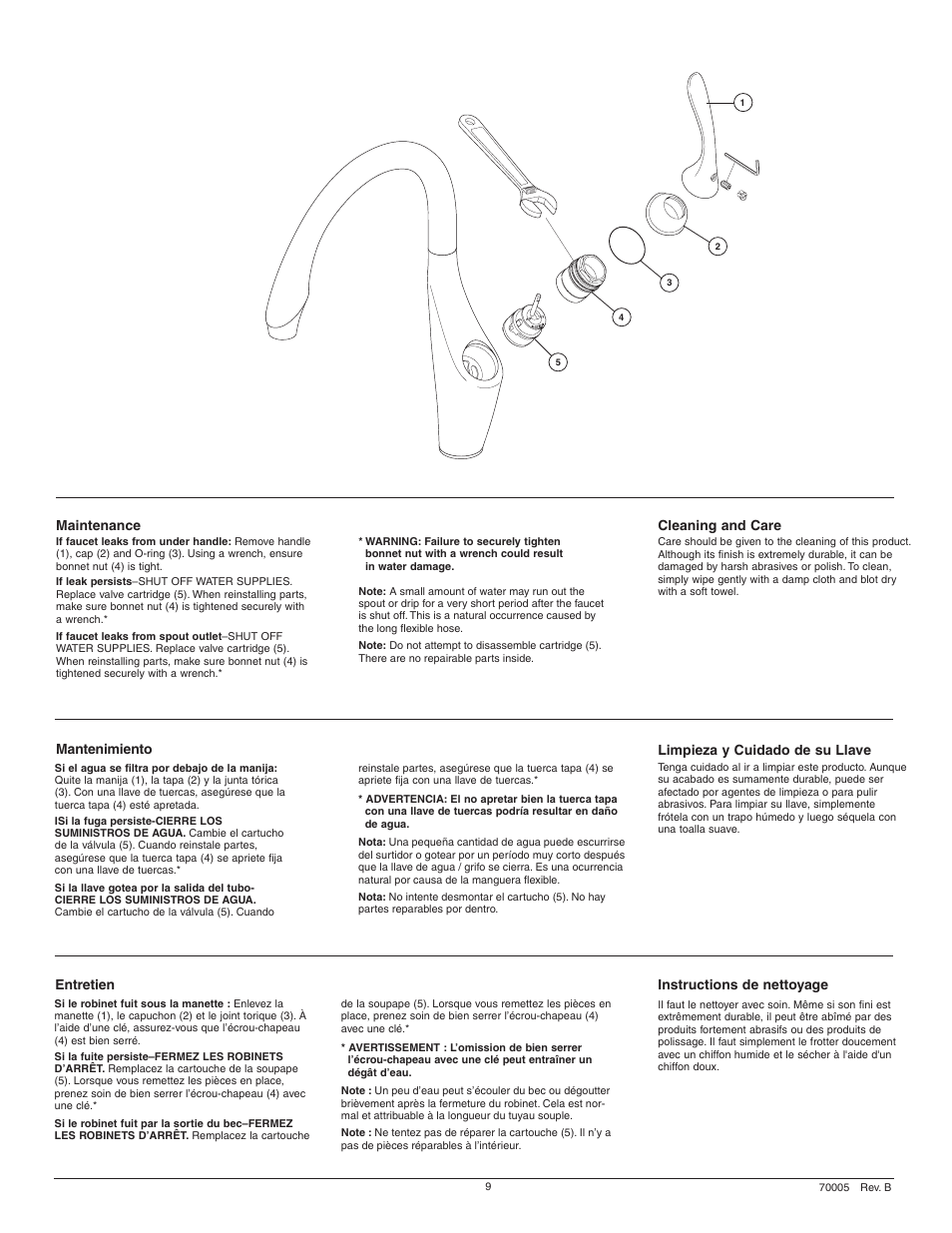 Maintenance mantenimiento, Entretien, Cleaning and care | Instructions de nettoyage, Limpieza y cuidado de su llave | Factory Direct Hardware Brizo 61055LF Vuelo User Manual | Page 9 / 12