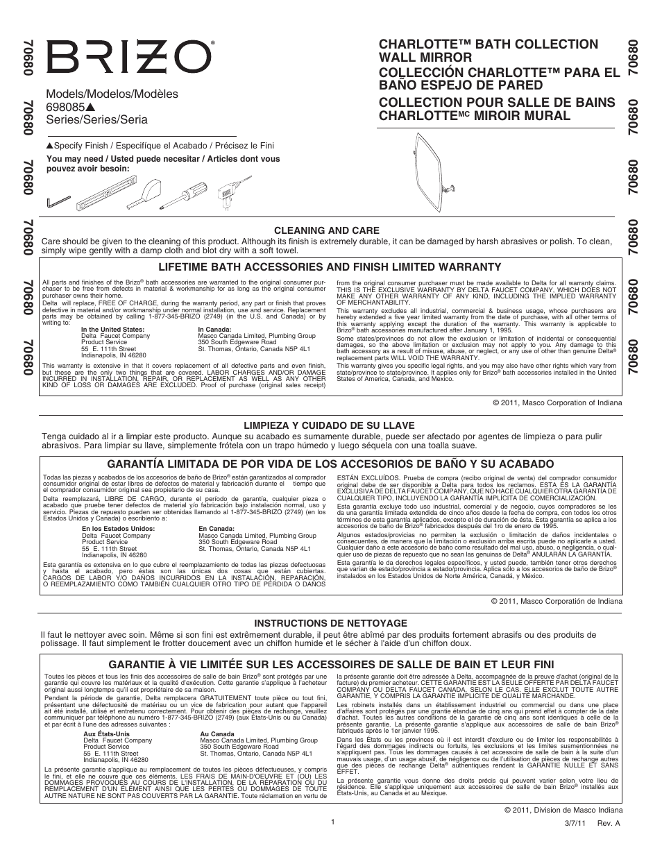Factory Direct Hardware Brizo 698085 Charlotte User Manual | 4 pages