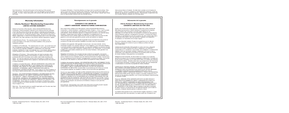 Warranty information liberty hardware, Manufacturing corporation | Factory Direct Hardware Delta 77835 Leland User Manual | Page 2 / 2