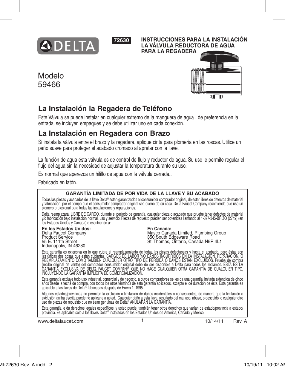 La instalación la regadera de teléfono, La instalación en regadera con brazo | Factory Direct Hardware Delta 59466 Universal User Manual | Page 2 / 2