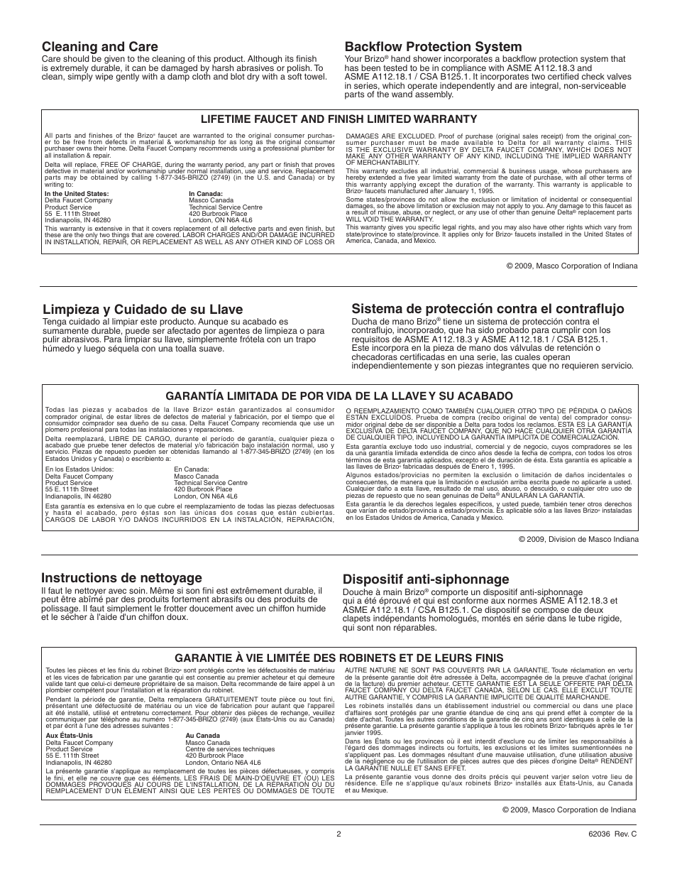 Cleaning and care, Instructions de nettoyage, Limpieza y cuidado de su llave | Backflow protection system, Sistema de protección contra el contraflujo, Dispositif anti-siphonnage, Lifetime faucet and finish limited warranty | Factory Direct Hardware Brizo 67214 Quiessence User Manual | Page 2 / 16