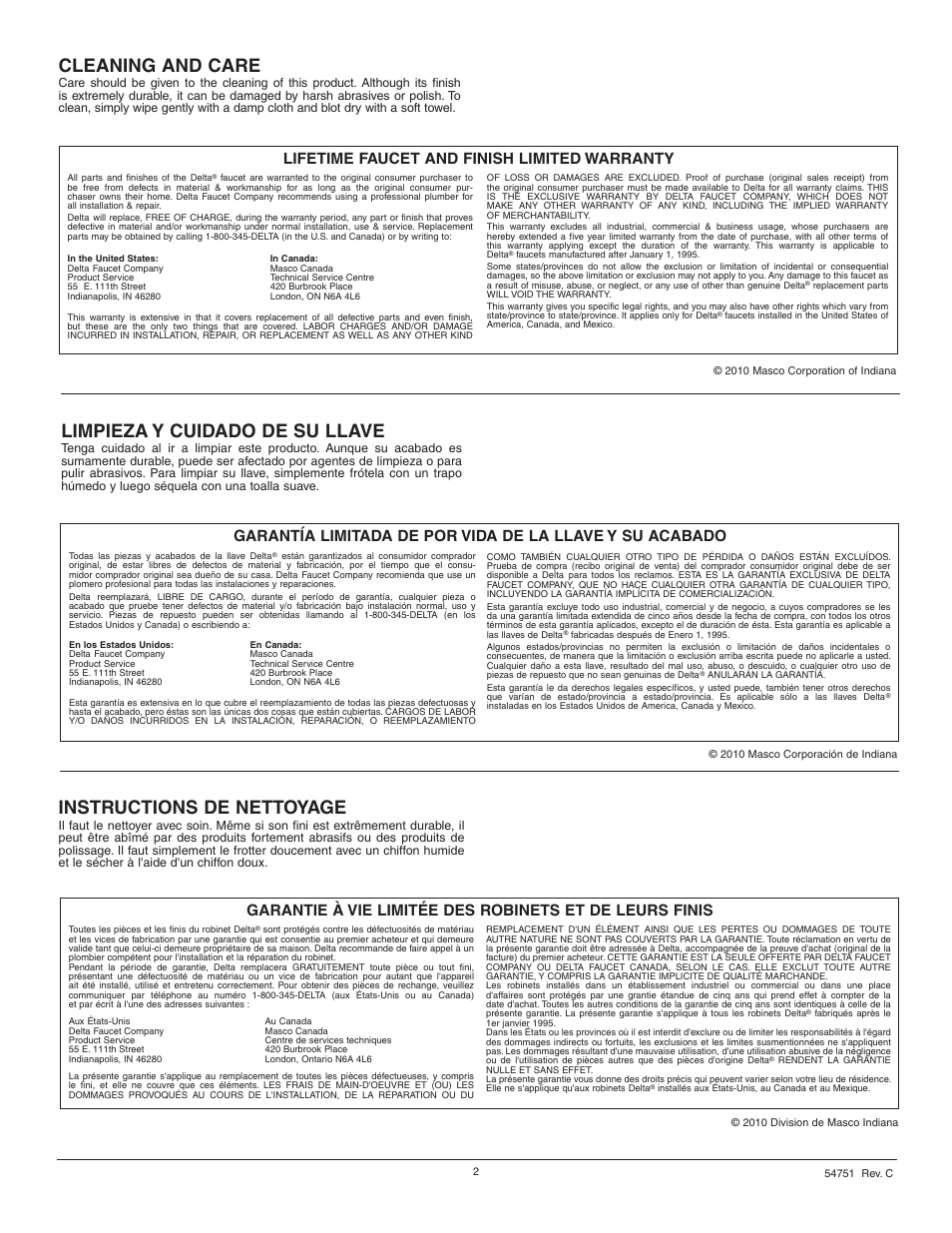 Instructions de nettoyage, Limpieza y cuidado de su llave, Cleaning and care | Lifetime faucet and finish limited warranty | Factory Direct Hardware Delta 579-DST User Manual | Page 2 / 8