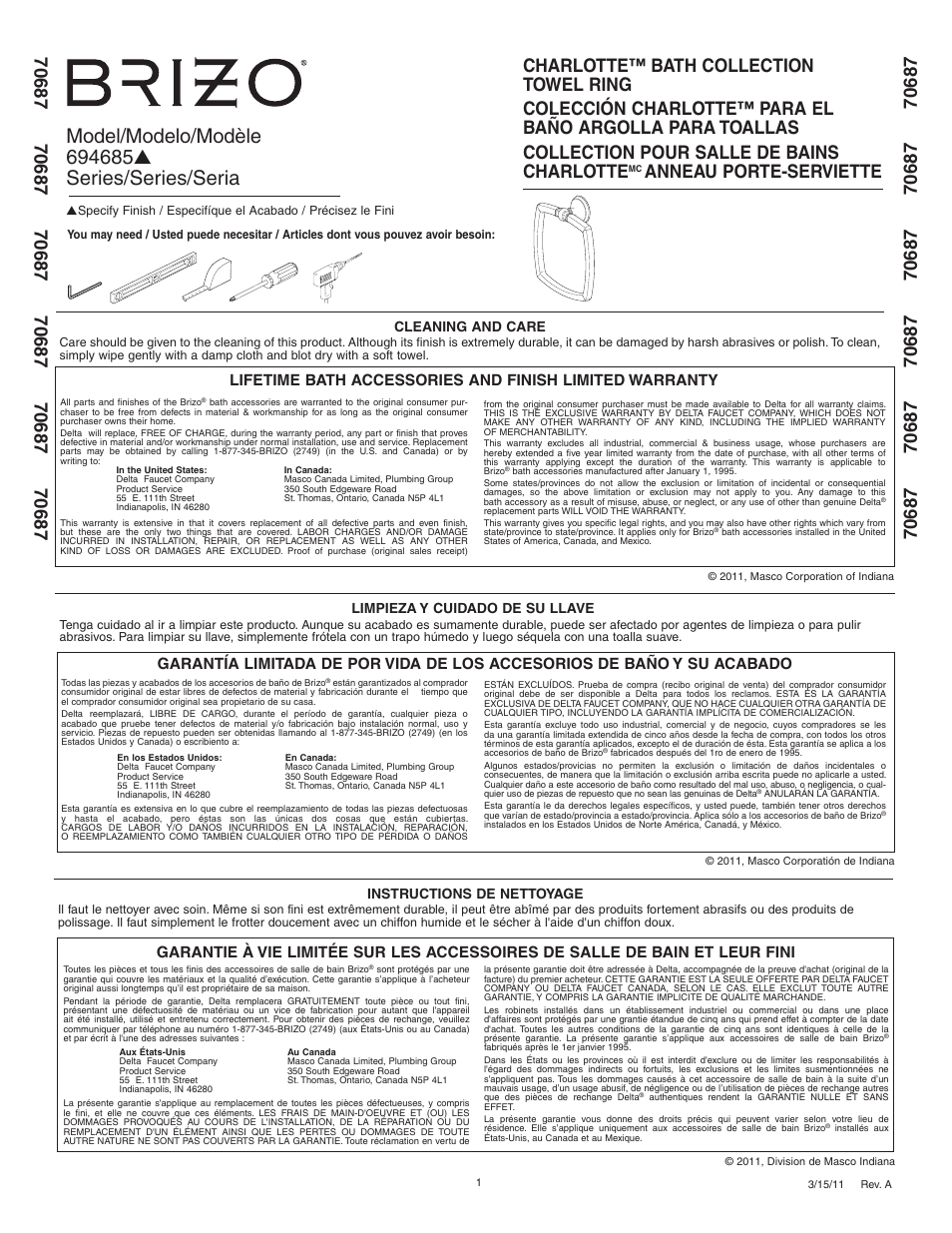 Factory Direct Hardware Brizo 694685 Charlotte User Manual | 2 pages