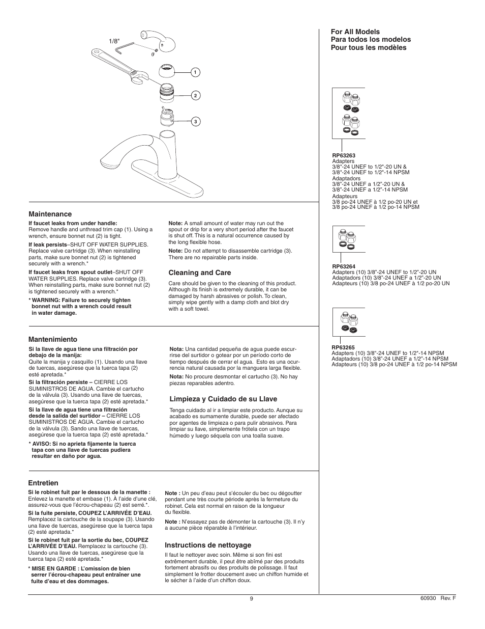 Cleaning and care, Maintenance, Mantenimiento entretien | Limpieza y cuidado de su llave, Instructions de nettoyage | Factory Direct Hardware Delta 16928-SD-DST Uptown User Manual | Page 9 / 12