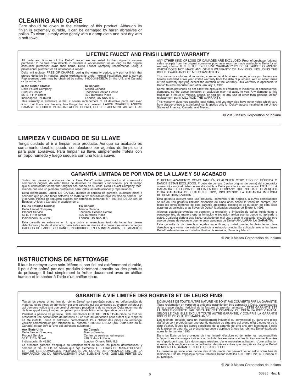 Instructions de nettoyage, Limpieza y cuidado de su llave, Cleaning and care | Lifetime faucet and finish limited warranty | Factory Direct Hardware Delta 21902LF Lewiston User Manual | Page 6 / 6