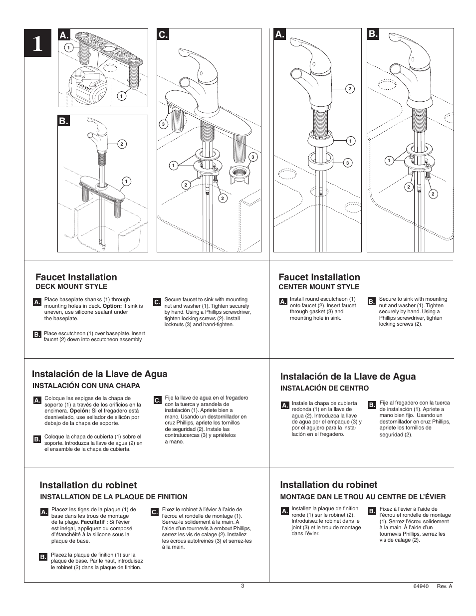 B. c, Faucet installation, Instalación de la llave de agua | Installation du robinet | Factory Direct Hardware Delta 467-DST Palo User Manual | Page 3 / 12