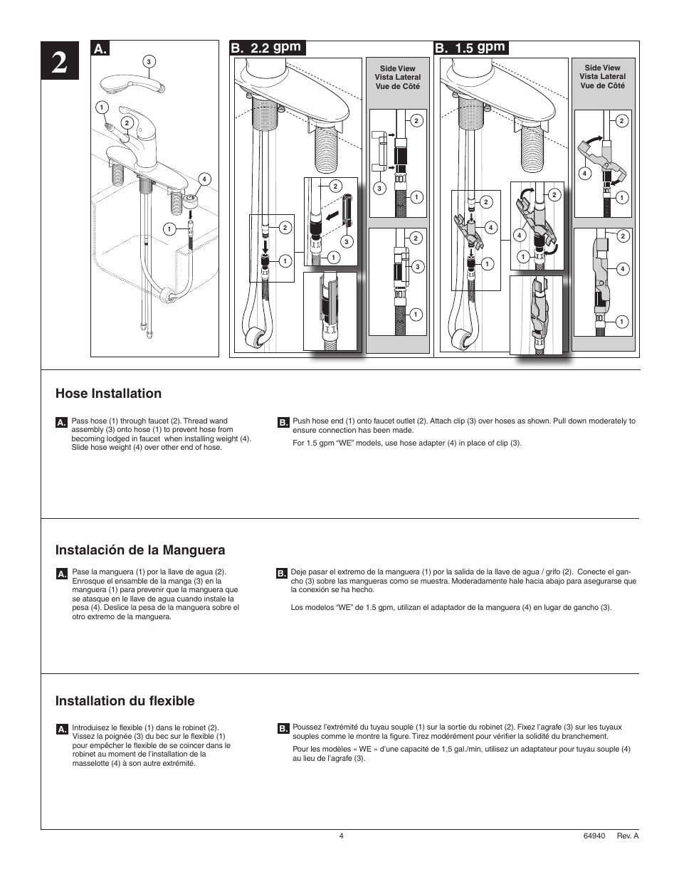 A. b. 2.2 gpm, Hose installation, B. 1.5 gpm | Factory Direct Hardware Delta 467-DST Palo User Manual | Page 4 / 12