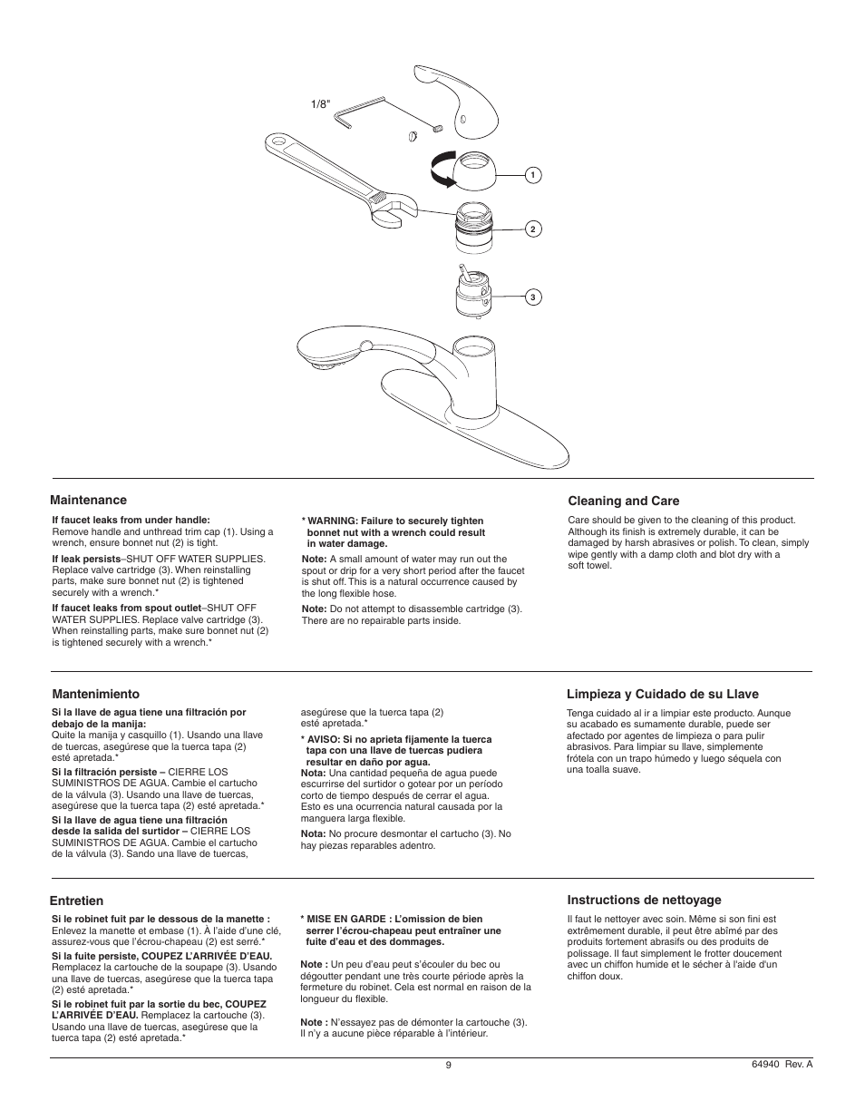 Maintenance, Mantenimiento entretien cleaning and care, Instructions de nettoyage | Limpieza y cuidado de su llave | Factory Direct Hardware Delta 467-DST Palo User Manual | Page 9 / 12