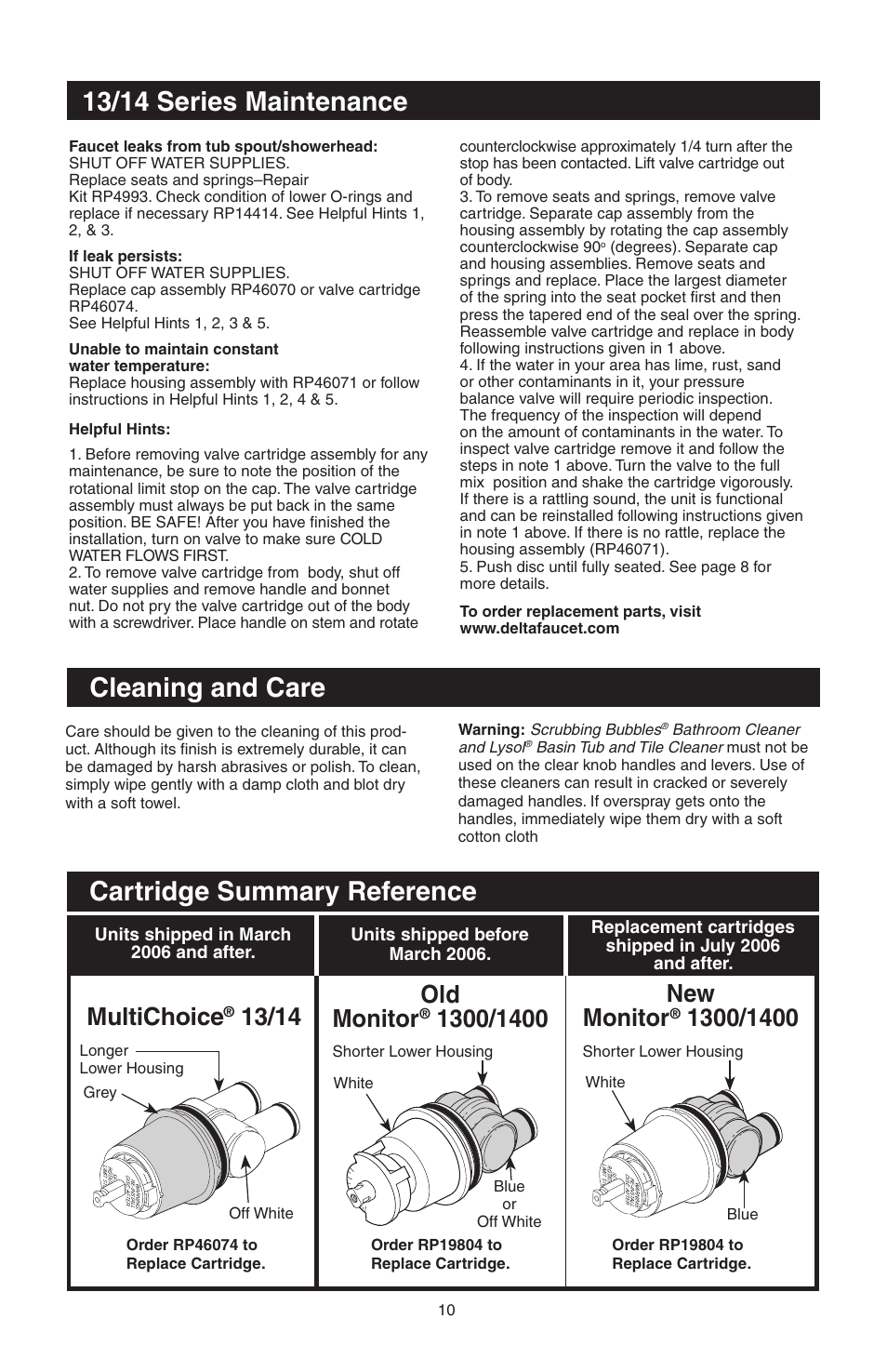 13/14 series maintenance, Cleaning and care, Cartridge summary reference | Multichoice, Old monitor, New monitor | Factory Direct Hardware Delta T14278-H2OLHP User Manual | Page 12 / 34