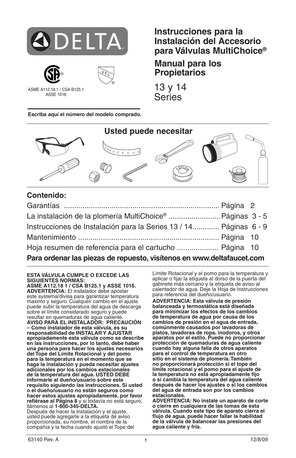 13 y 14 series, Manual para los propietarios, Usted puede necesitar | Factory Direct Hardware Delta T14278-H2OLHP User Manual | Page 13 / 34