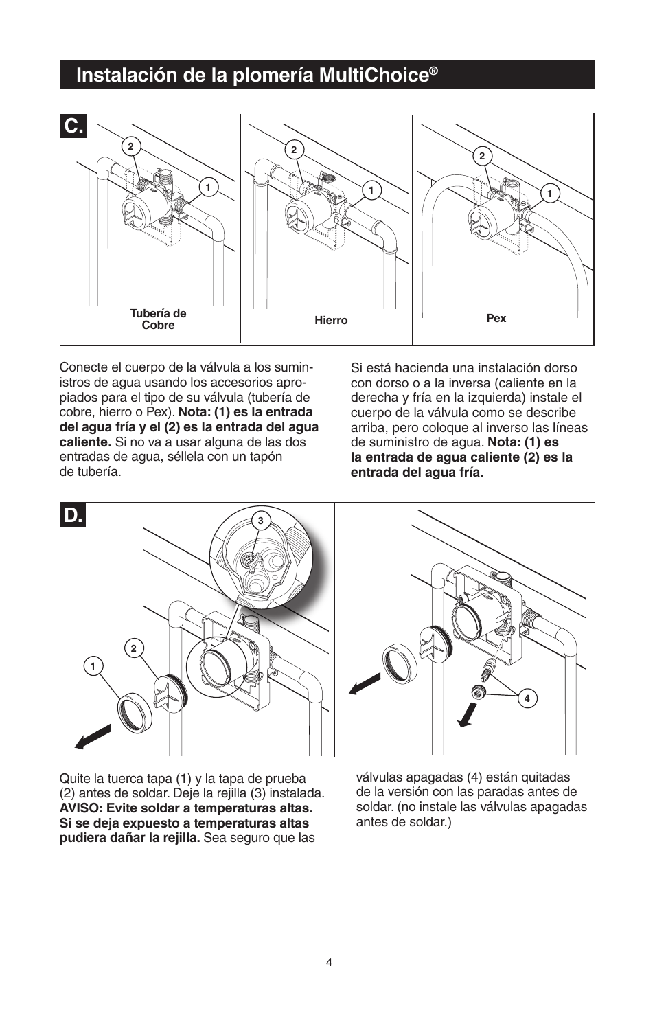 C. d, Instalación de la plomería multichoice | Factory Direct Hardware Delta T14278-H2OLHP User Manual | Page 16 / 34