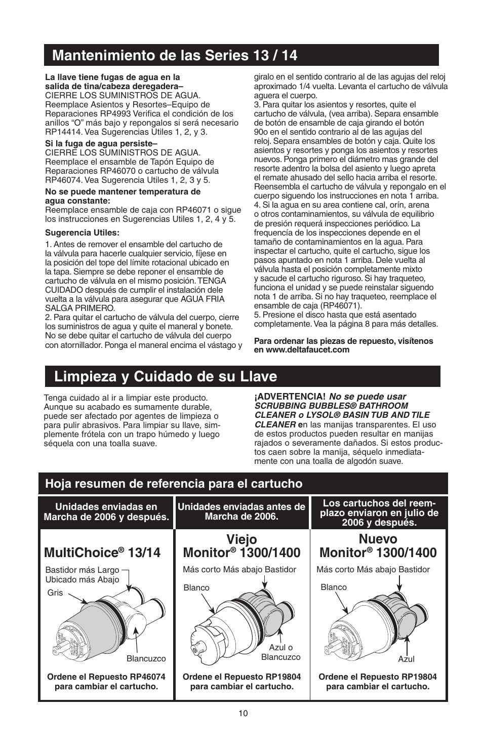 Limpieza y cuidado de su llave, Mantenimiento de las series 13 / 14, Multichoice | Viejo monitor, Nuevo monitor, Hoja resumen de referencia para el cartucho | Factory Direct Hardware Delta T14278-H2OLHP User Manual | Page 22 / 34