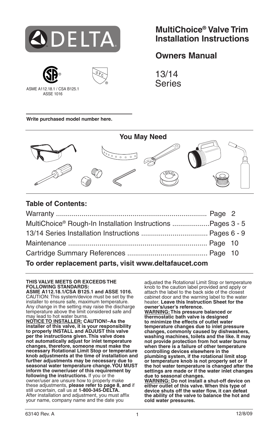 13/14 series, Multichoice, Valve trim installation instructions owners manual | You may need | Factory Direct Hardware Delta T14278-H2OLHP User Manual | Page 3 / 34