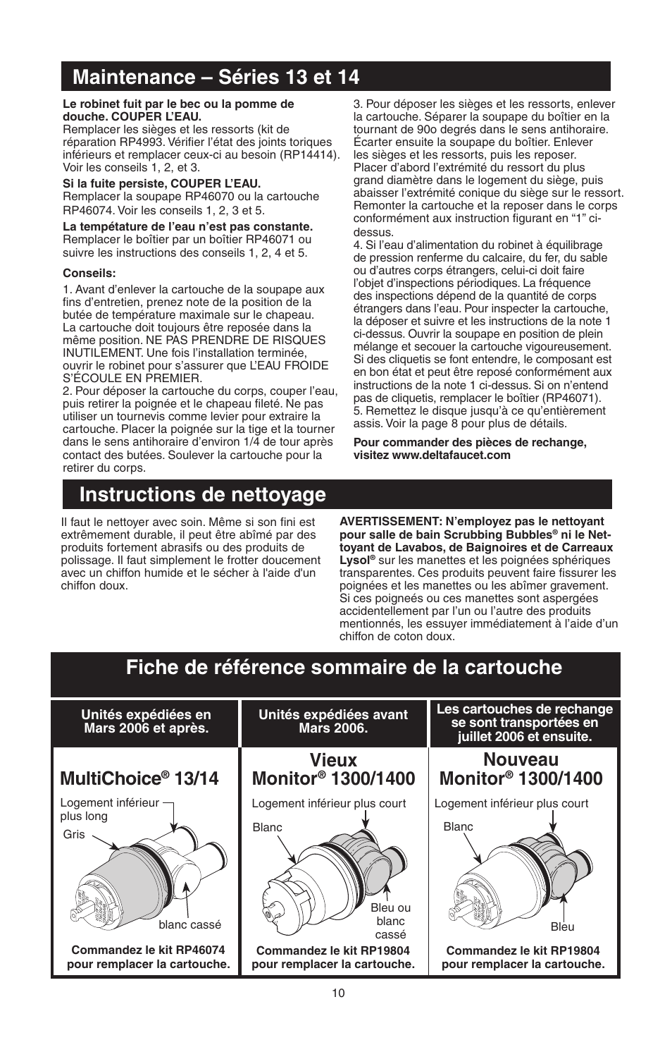 Instructions de nettoyage, Maintenance – séries 13 et 14, Fiche de référence sommaire de la cartouche | Multichoice, Vieux monitor, Nouveau monitor | Factory Direct Hardware Delta T14278-H2OLHP User Manual | Page 32 / 34