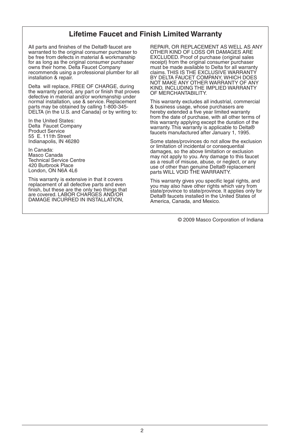 Lifetime faucet and finish limited warranty | Factory Direct Hardware Delta T14278-H2OLHP User Manual | Page 4 / 34