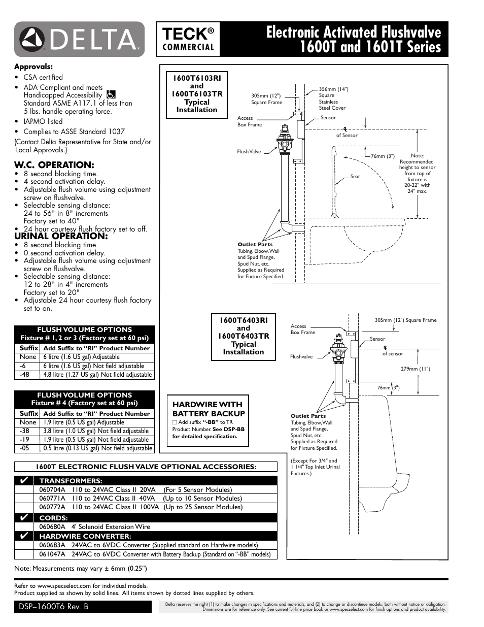 Teck, W.c. operation, Urinal operation | Commercial | Factory Direct Hardware Delta 1601T9006 User Manual | Page 2 / 3