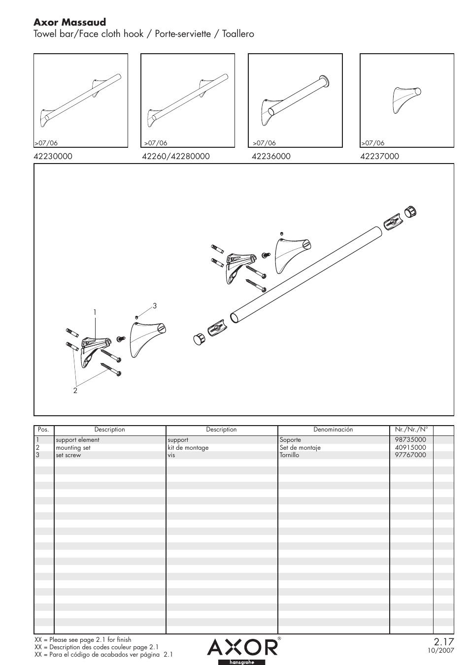 Factory Direct Hardware Hansgrohe 42236000 Axor Massaud User Manual | 1 page