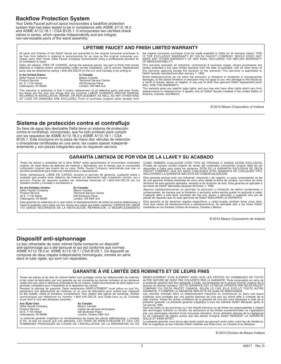 Backflow protection system, Sistema de protección contra el contraflujo, Dispositif anti-siphonnage | Lifetime faucet and finish limited warranty | Factory Direct Hardware Delta 16968-SSSD-DST Talbott  User Manual | Page 2 / 16