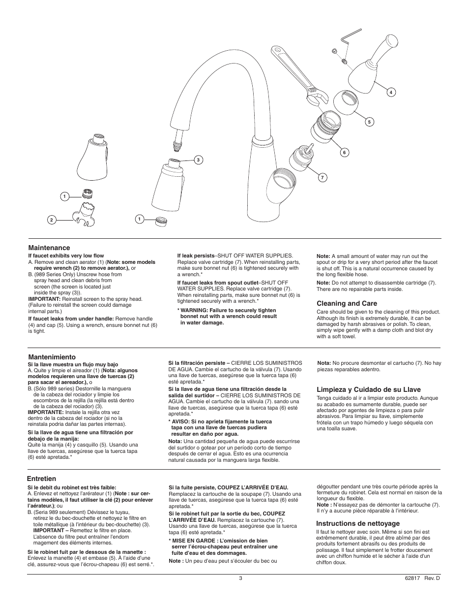 Maintenance, Mantenimiento, Entretien | Cleaning and care, Instructions de nettoyage, Limpieza y cuidado de su llave | Factory Direct Hardware Delta 16968-SSSD-DST Talbott  User Manual | Page 3 / 16