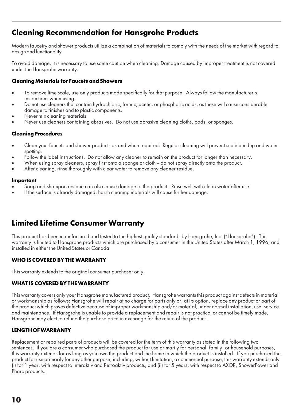 10 limited lifetime consumer warranty, Cleaning recommendation for hansgrohe products | Factory Direct Hardware Hansgrohe 10454 Axor Starck User Manual | Page 10 / 12