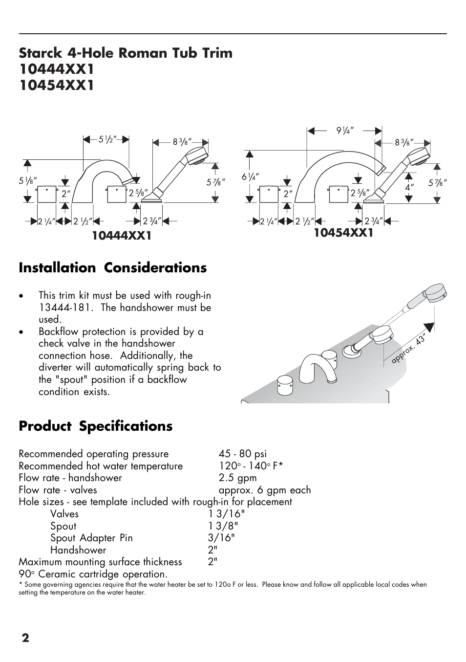 Installation considerations, Product specifications | Factory Direct Hardware Hansgrohe 10454 Axor Starck User Manual | Page 2 / 12