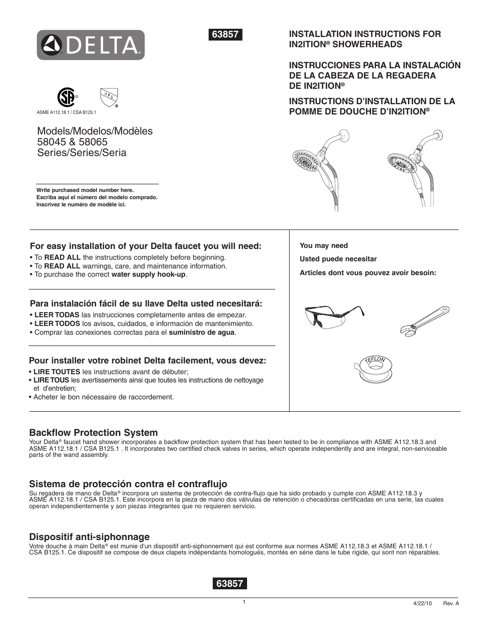 Backflow protection system, Sistema de protección contra el contraflujo, Dispositif anti-siphonnage | Factory Direct Hardware Delta 58065 In2ition User Manual | Page 2 / 4