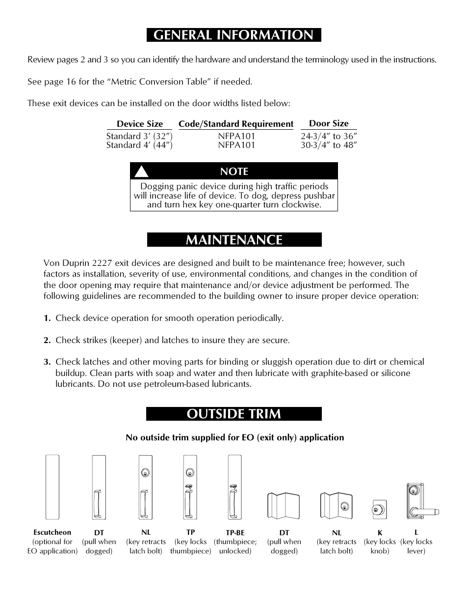 General information, Outside trim, Maintenance | Factory Direct Hardware Von Duprin 2227EOF4 User Manual | Page 2 / 16