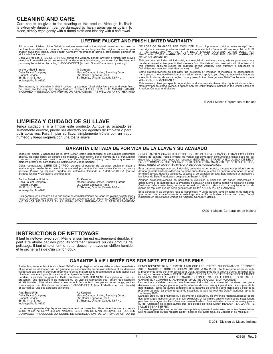 Cleaning and care, Instructions de nettoyage, Limpieza y cuidado de su llave | Lifetime faucet and finish limited warranty | Factory Direct Hardware Delta 3538-MPU-DST User Manual | Page 2 / 8