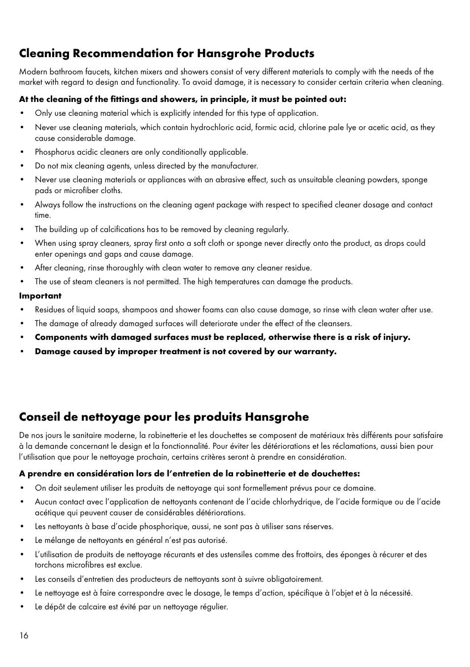 Cleaning recommendation for hansgrohe products, Conseil de nettoyage pour les produits hansgrohe | Factory Direct Hardware Hansgrohe 11020 User Manual | Page 16 / 20