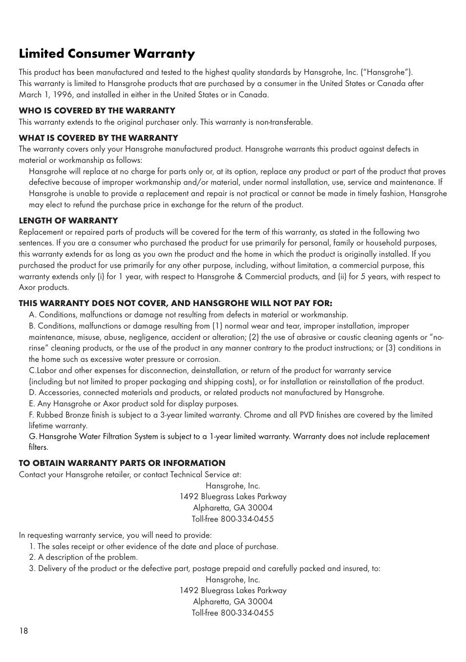 Limited consumer warranty | Factory Direct Hardware Hansgrohe 11020 User Manual | Page 18 / 20