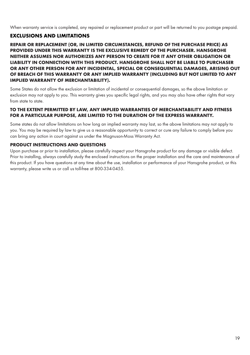 Factory Direct Hardware Hansgrohe 11020 User Manual | Page 19 / 20