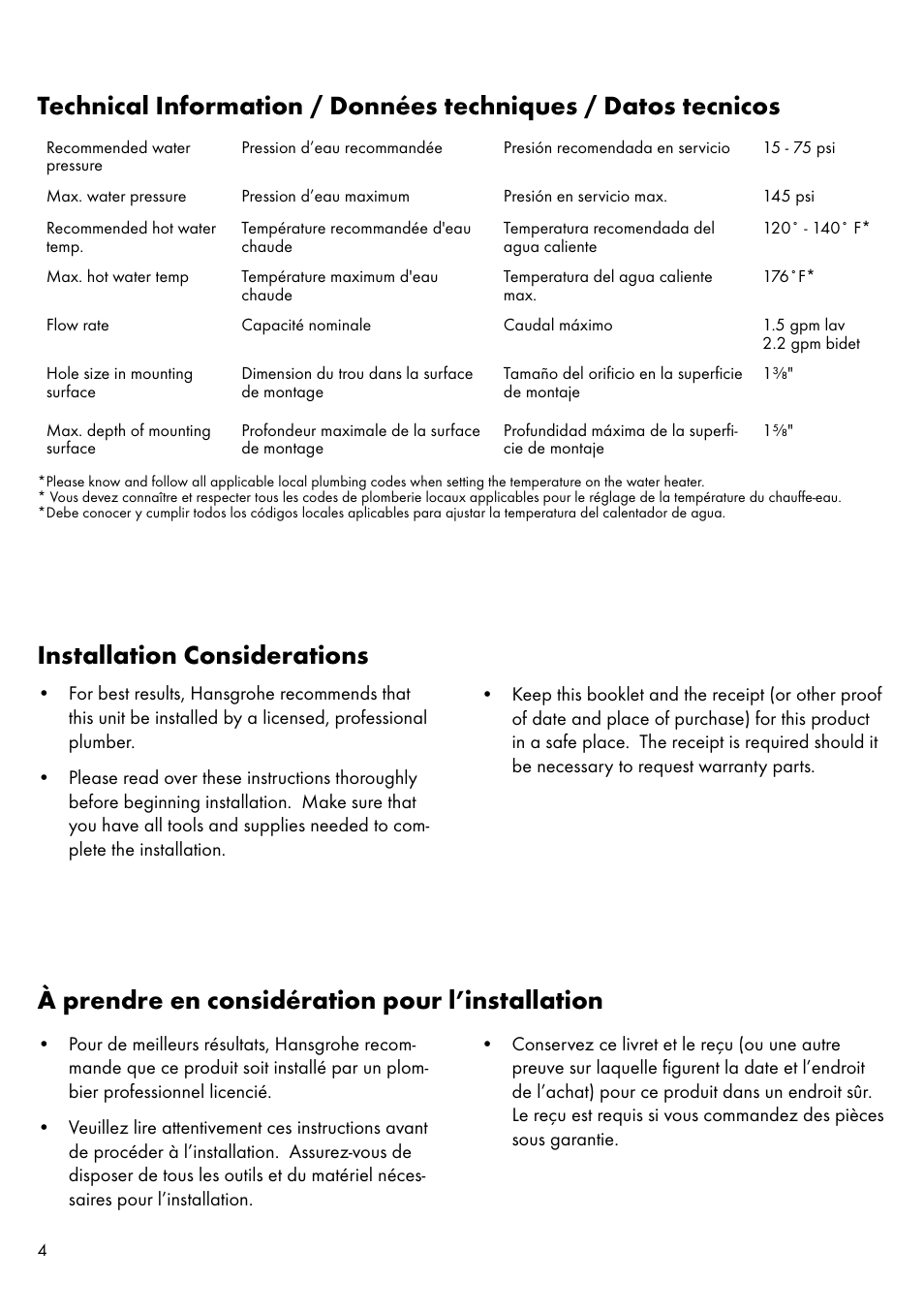 À prendre en considération pour l’installation | Factory Direct Hardware Hansgrohe 11020 User Manual | Page 4 / 20