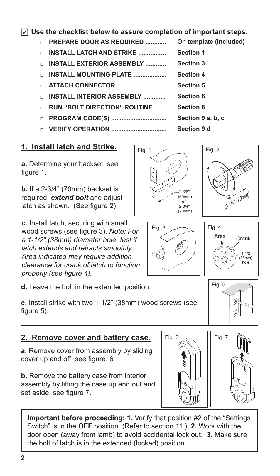 Install latch and strike, Remove cover and battery case | Factory Direct Hardware Kwikset 907-S User Manual | Page 2 / 24