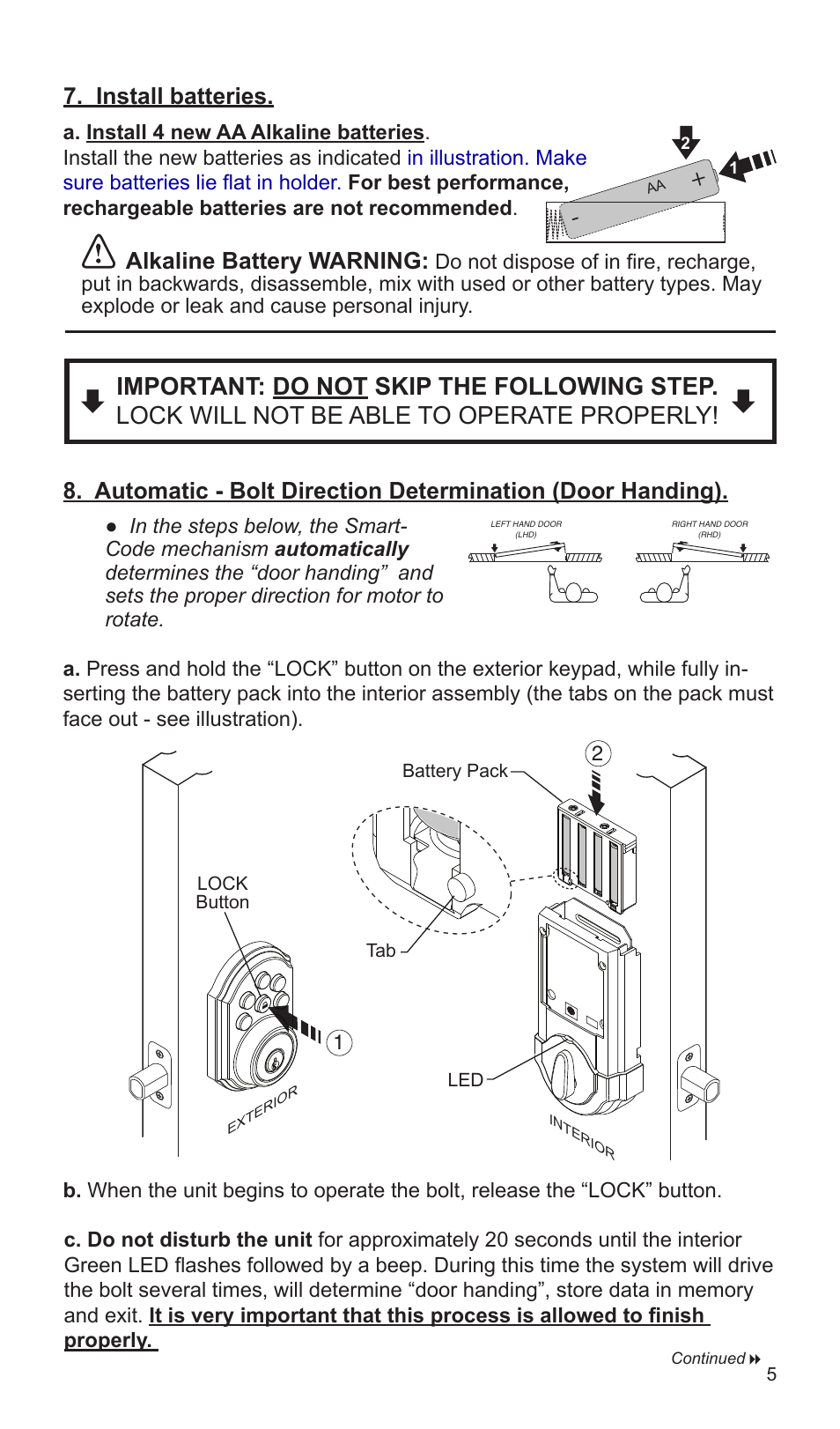 Install batteries. alkaline battery warning | Factory Direct Hardware Kwikset 907-S User Manual | Page 5 / 24