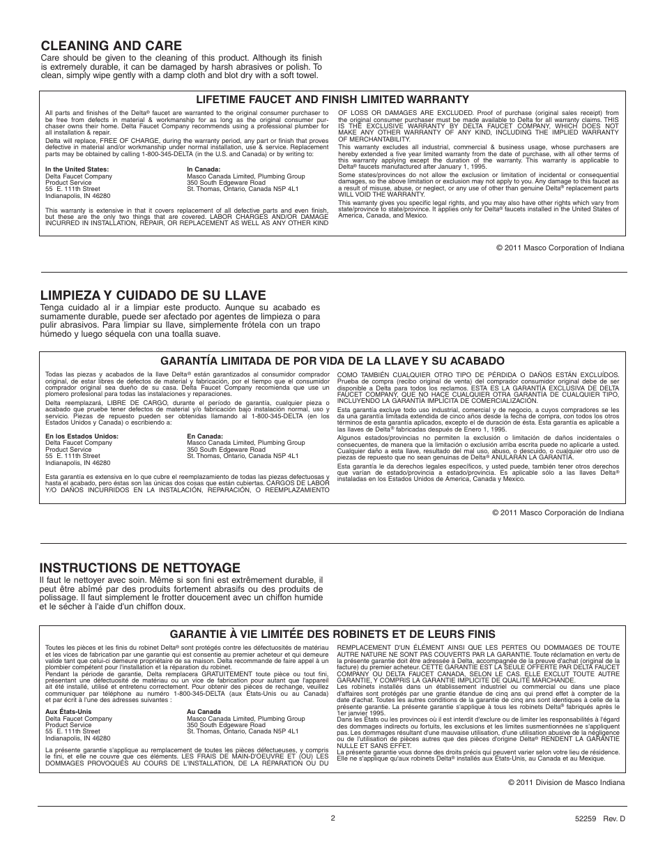 Cleaning and care, Instructions de nettoyage, Limpieza y cuidado de su llave | Lifetime faucet and finish limited warranty | Factory Direct Hardware Delta 3578-MPU-DST User Manual | Page 2 / 12