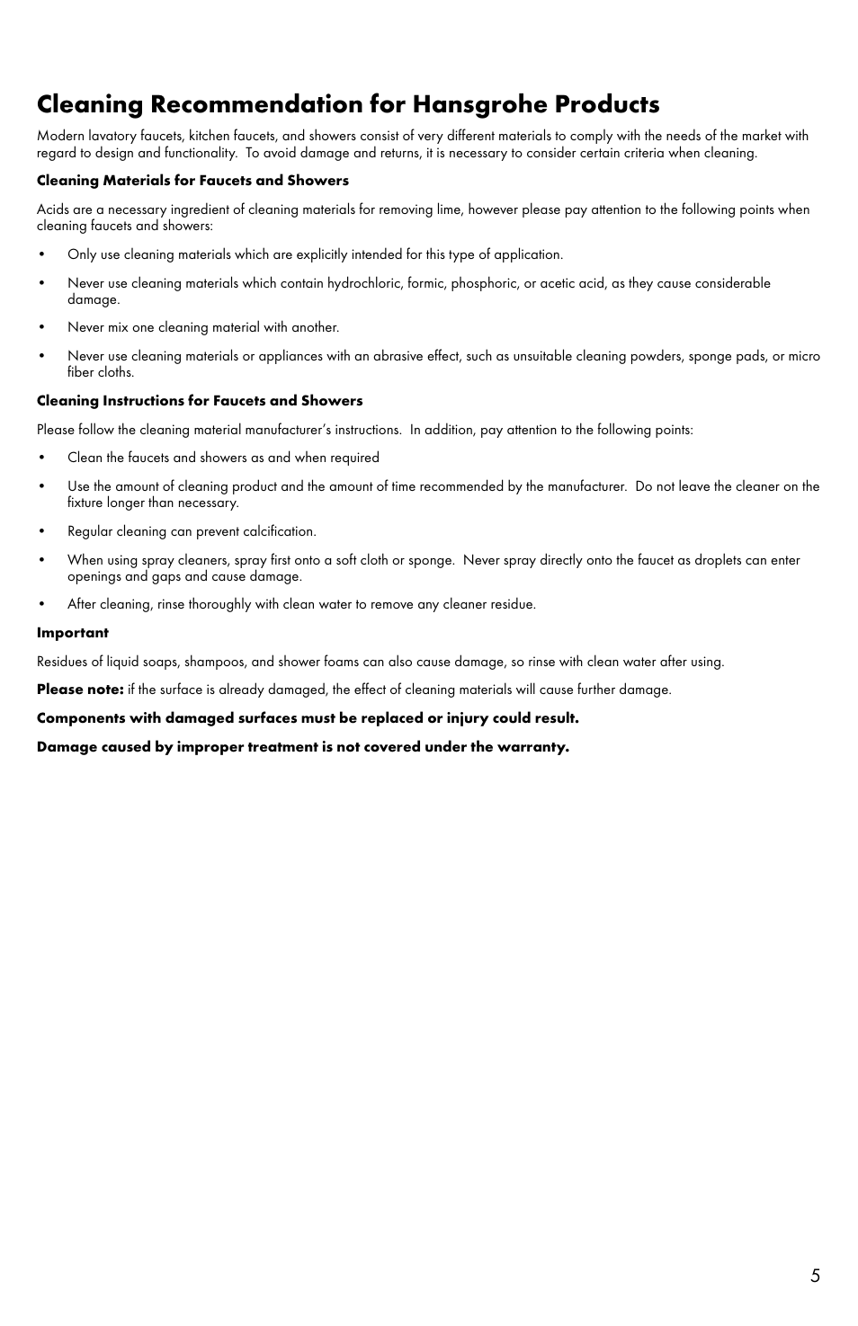 Cleaning recommendation for hansgrohe products | Factory Direct Hardware Hansgrohe 06476 Raindance User Manual | Page 5 / 8