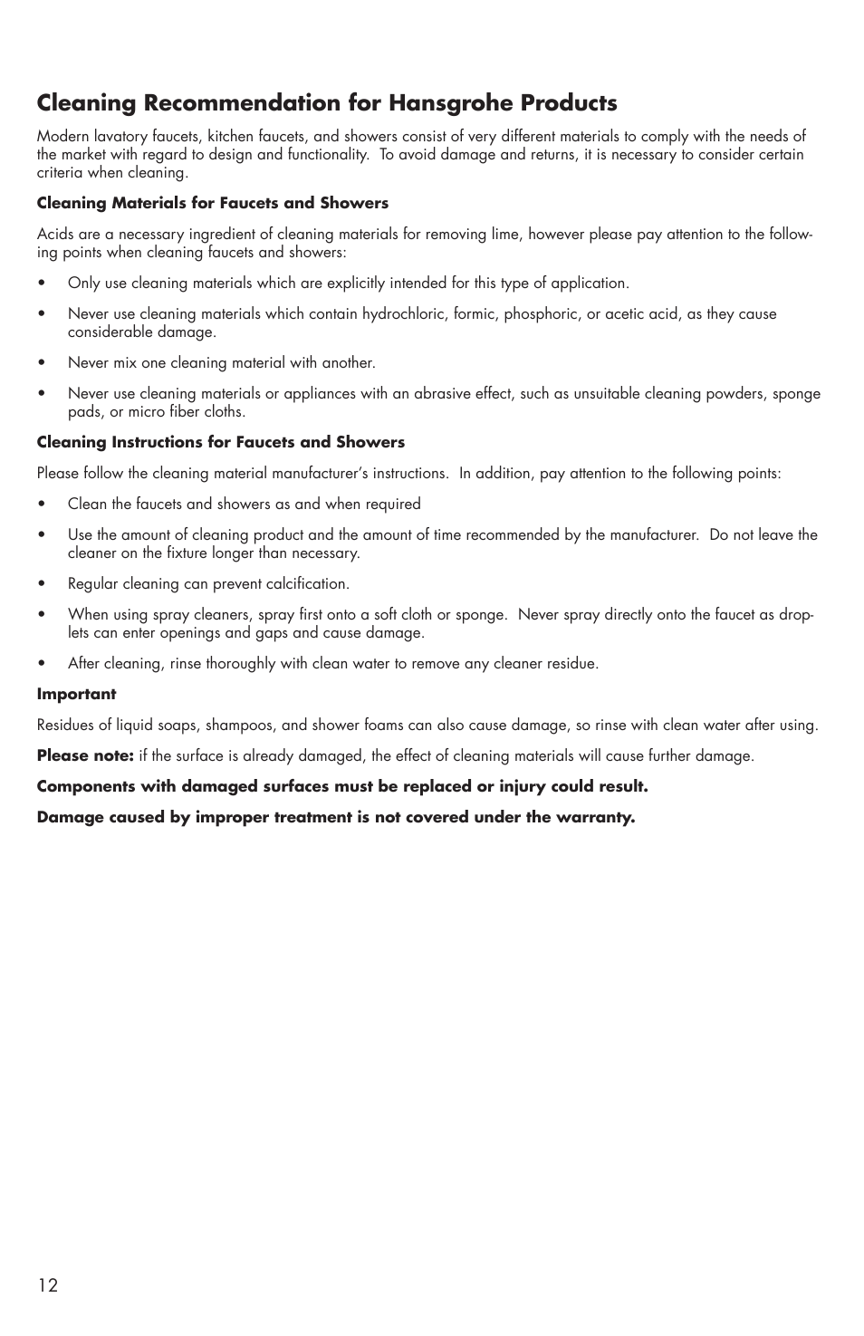 Cleaning recommendation for hansgrohe products | Factory Direct Hardware Hansgrohe 04170 Solaris E User Manual | Page 12 / 16