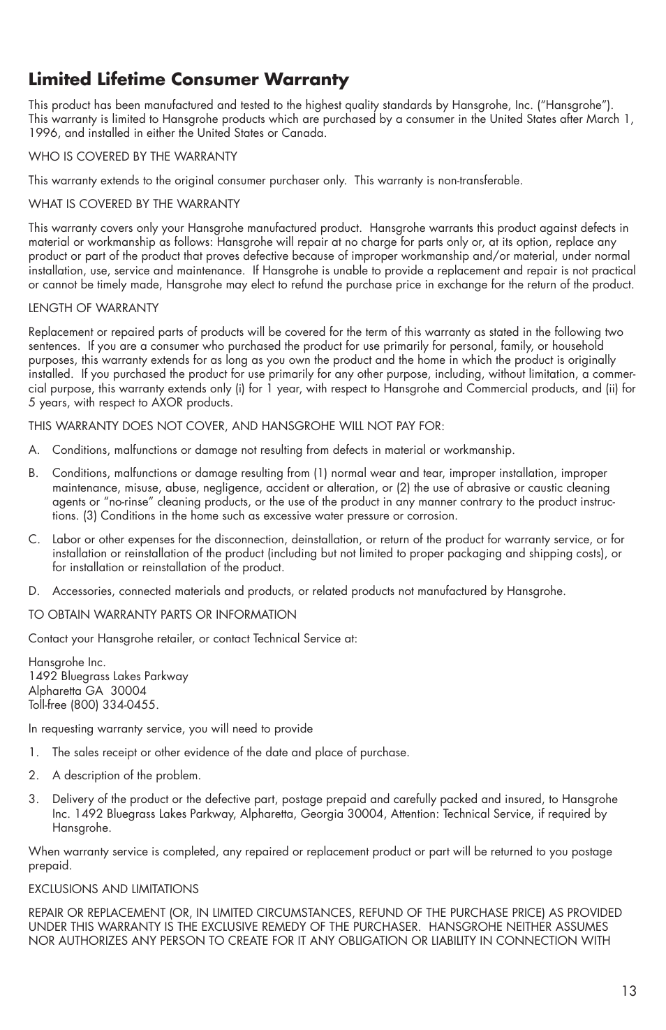 Limited lifetime consumer warranty | Factory Direct Hardware Hansgrohe 04170 Solaris E User Manual | Page 13 / 16