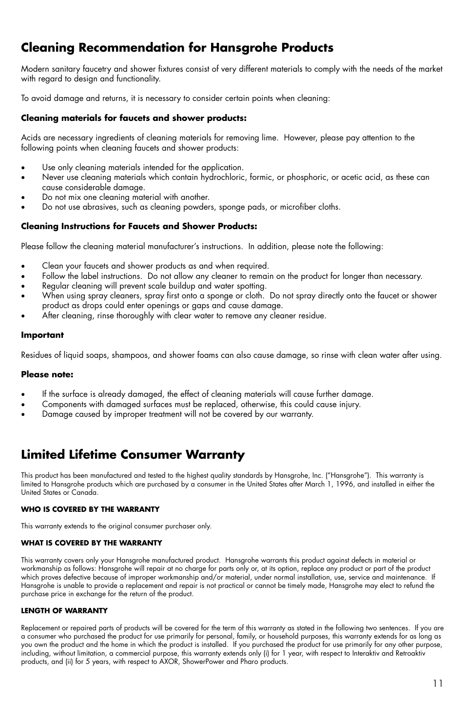 Limited lifetime consumer warranty, Cleaning recommendation for hansgrohe products | Factory Direct Hardware Hansgrohe 06096 C User Manual | Page 11 / 12