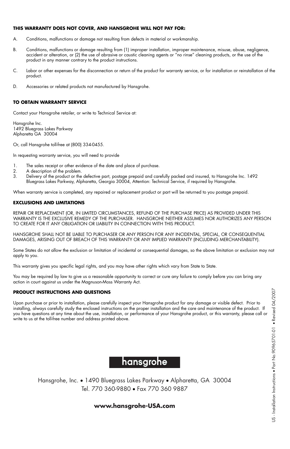 Factory Direct Hardware Hansgrohe 06096 C User Manual | Page 12 / 12