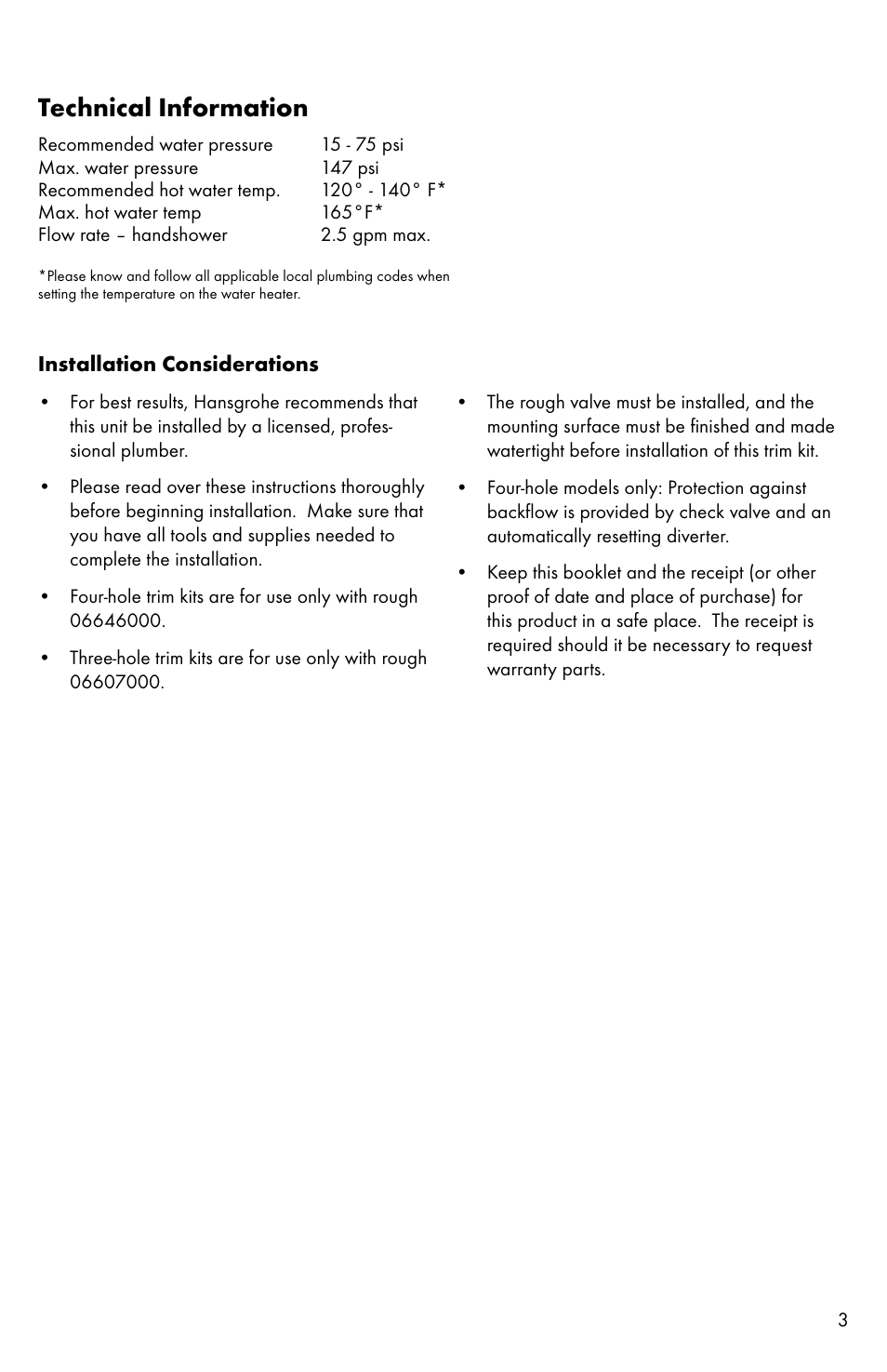 Technical information | Factory Direct Hardware Hansgrohe 14314 Talis C User Manual | Page 3 / 16